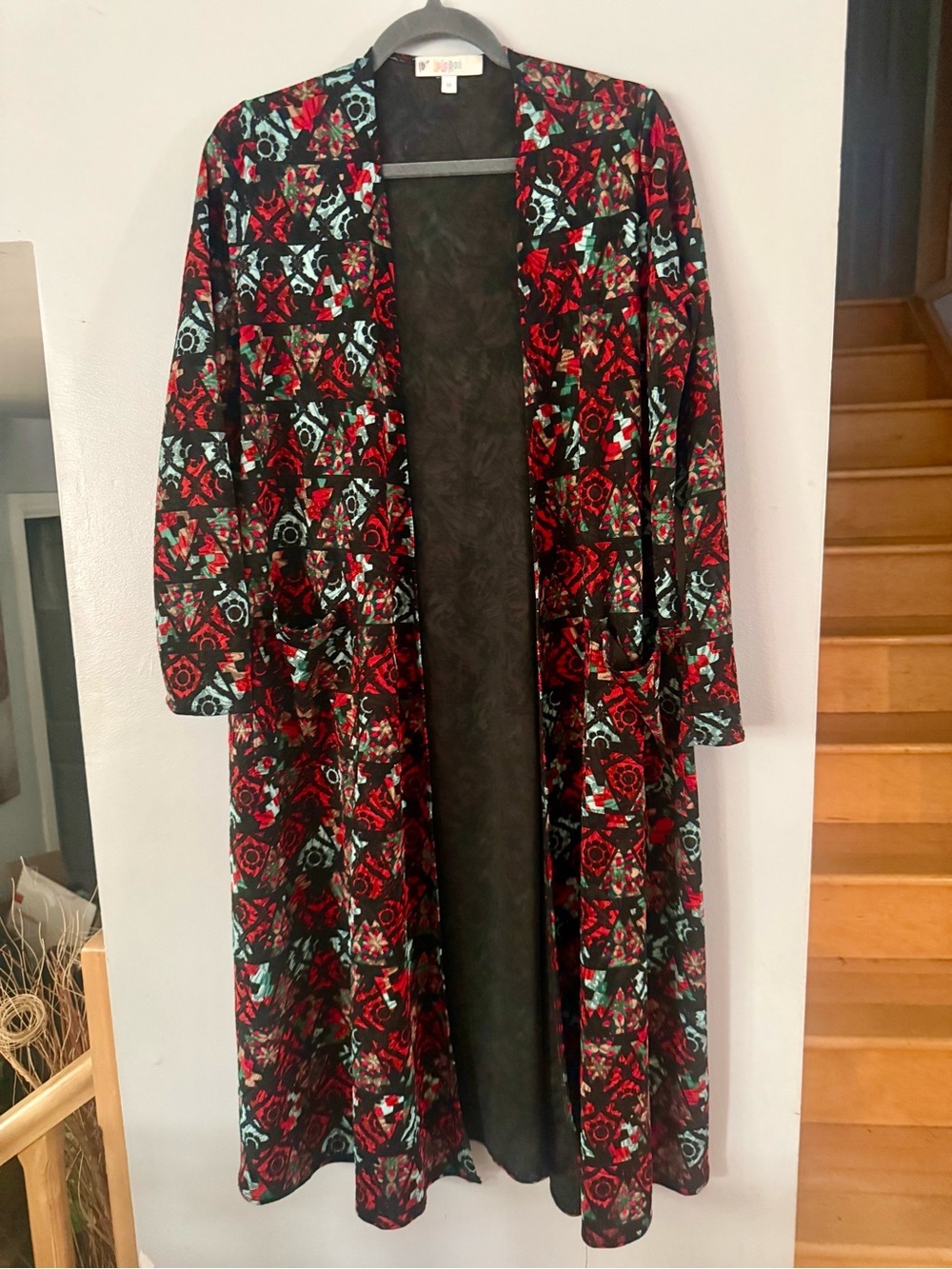 LuLaRoe Sarah Duster Cardigan Geometric Kaleidoscopic Red Teal Longline Pocket